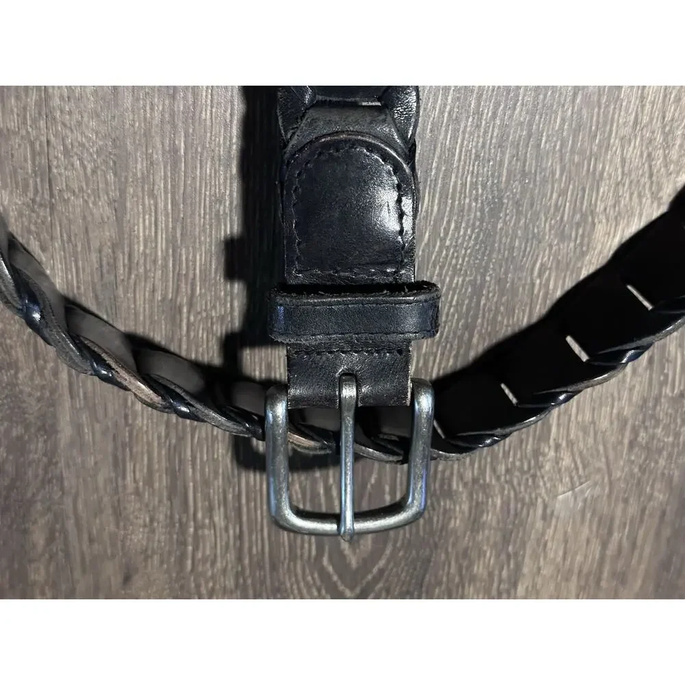 Structure Y2K Black Leather Chain Braided Leather Belt Solid Brass Buckle SZ 38